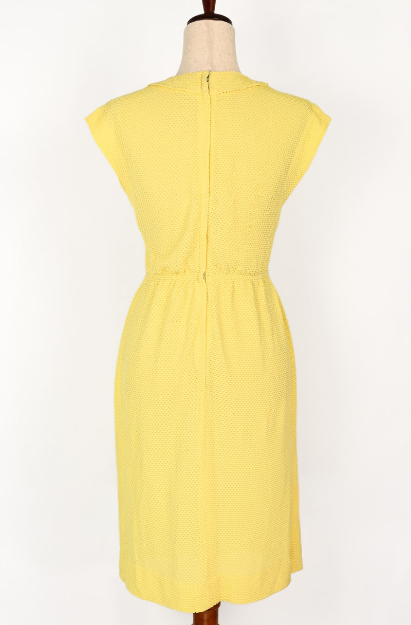 Vintage 50s Yellow Textured Polyester LESLIE FAY Button Up Cap Sleeve Midi Dress Vintage 50s Yellow Textured Polyester LESLIE FAY Button Up Cap Sleeve Midi Dress