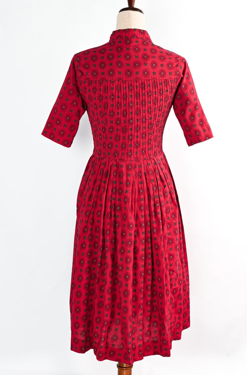 Vintage 70's Red Geometric Print JONATHAN LOGAN Button Up Prairie Dress w/ 3/4 Sleeves