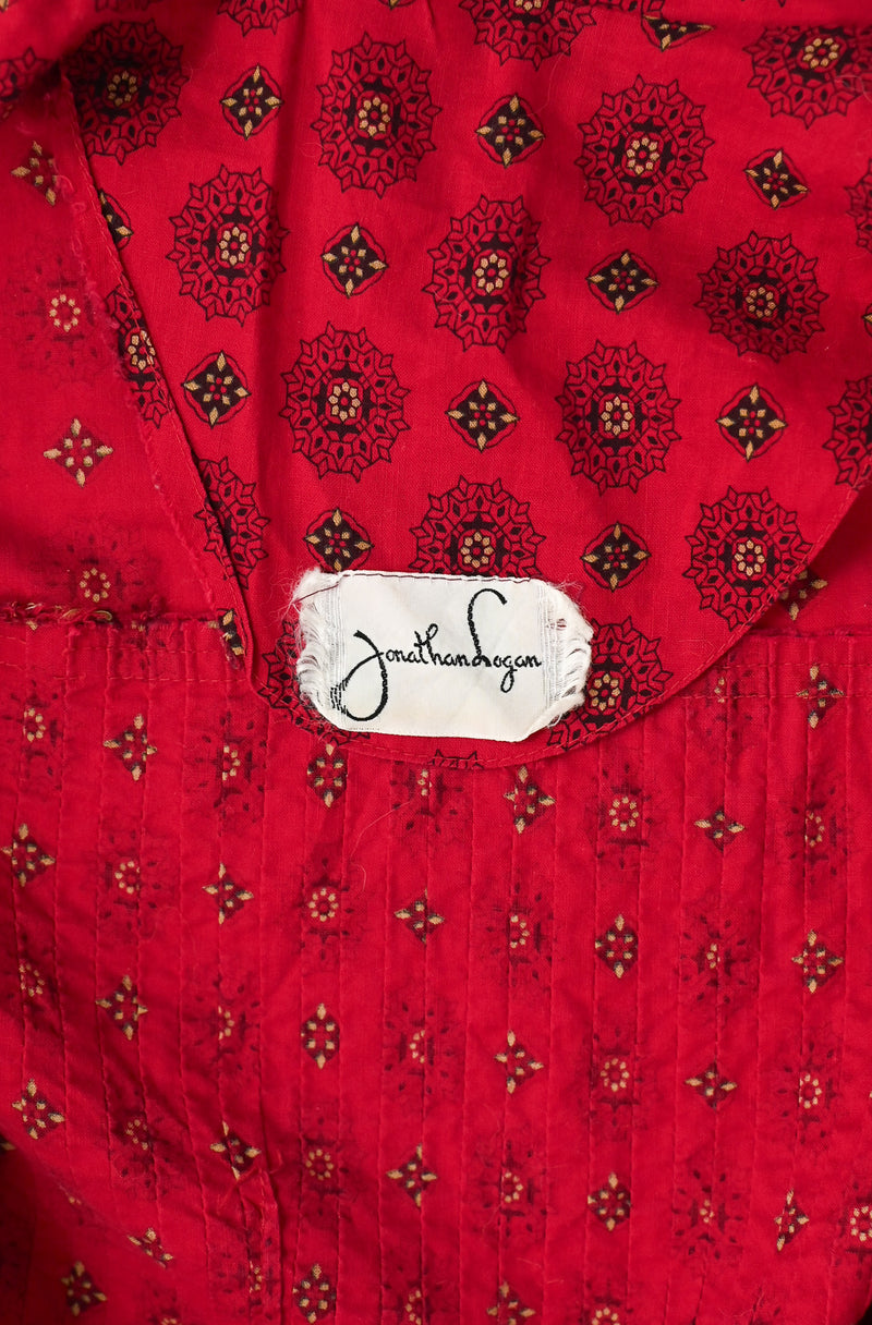 Vintage 70's Red Geometric Print JONATHAN LOGAN Button Up Prairie Dress w/ 3/4 Sleeves