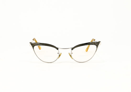 Vintage 50s Grey & Silver Etched Cat Eye Glasses w/ Travel Case