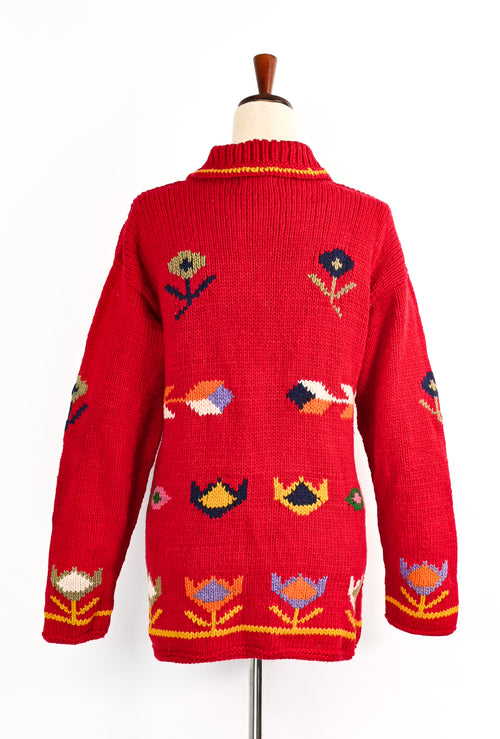 Vintage Native American Red Knitted Floral Zip Up Sweater Jacket