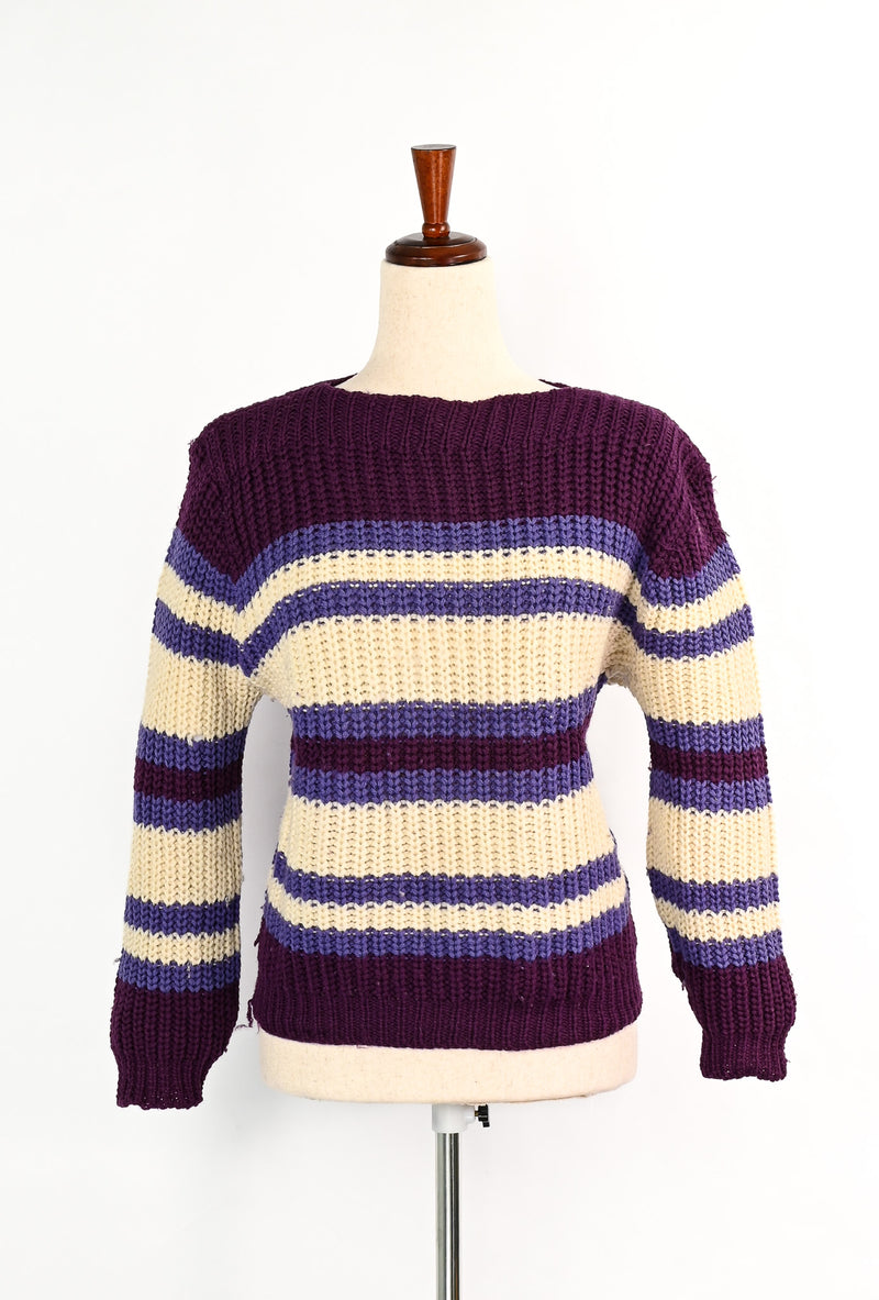 Vintage 50s Purple & White Striped BULK-E-KNIT Wool Knit Pullover Sweater