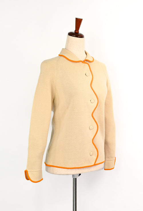 レディース ヴィンテージ 60 年代 ニット by Tally ベージュとオレンジのスカラップ カーディガン セーター - 14