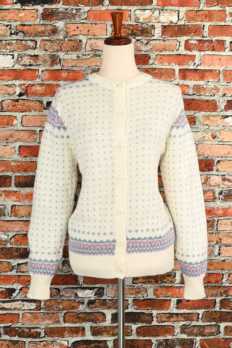 Vintage 80s White/Blue Heart UNBRANDED Acrylic Cardigan Sweater - 40