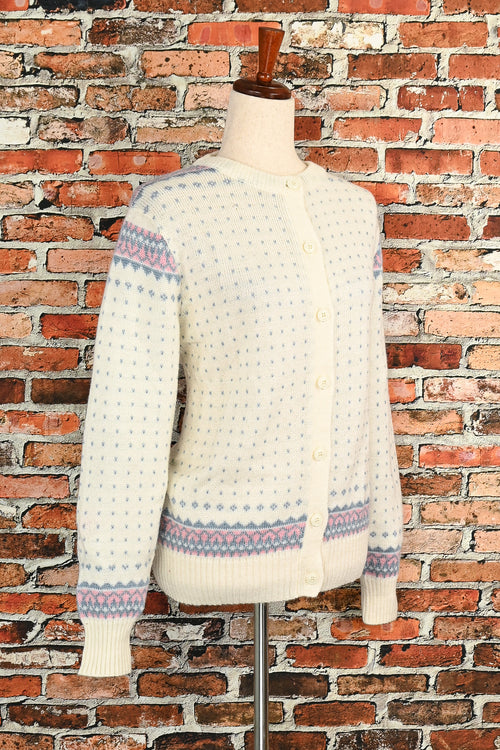 Vintage 80s White/Blue Heart UNBRANDED Acrylic Cardigan Sweater - 40