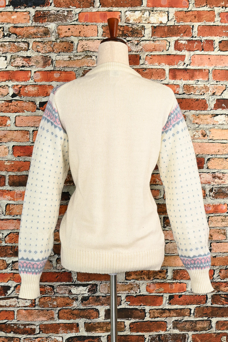 Vintage 80s White/Blue Heart UNBRANDED Acrylic Cardigan Sweater - 40