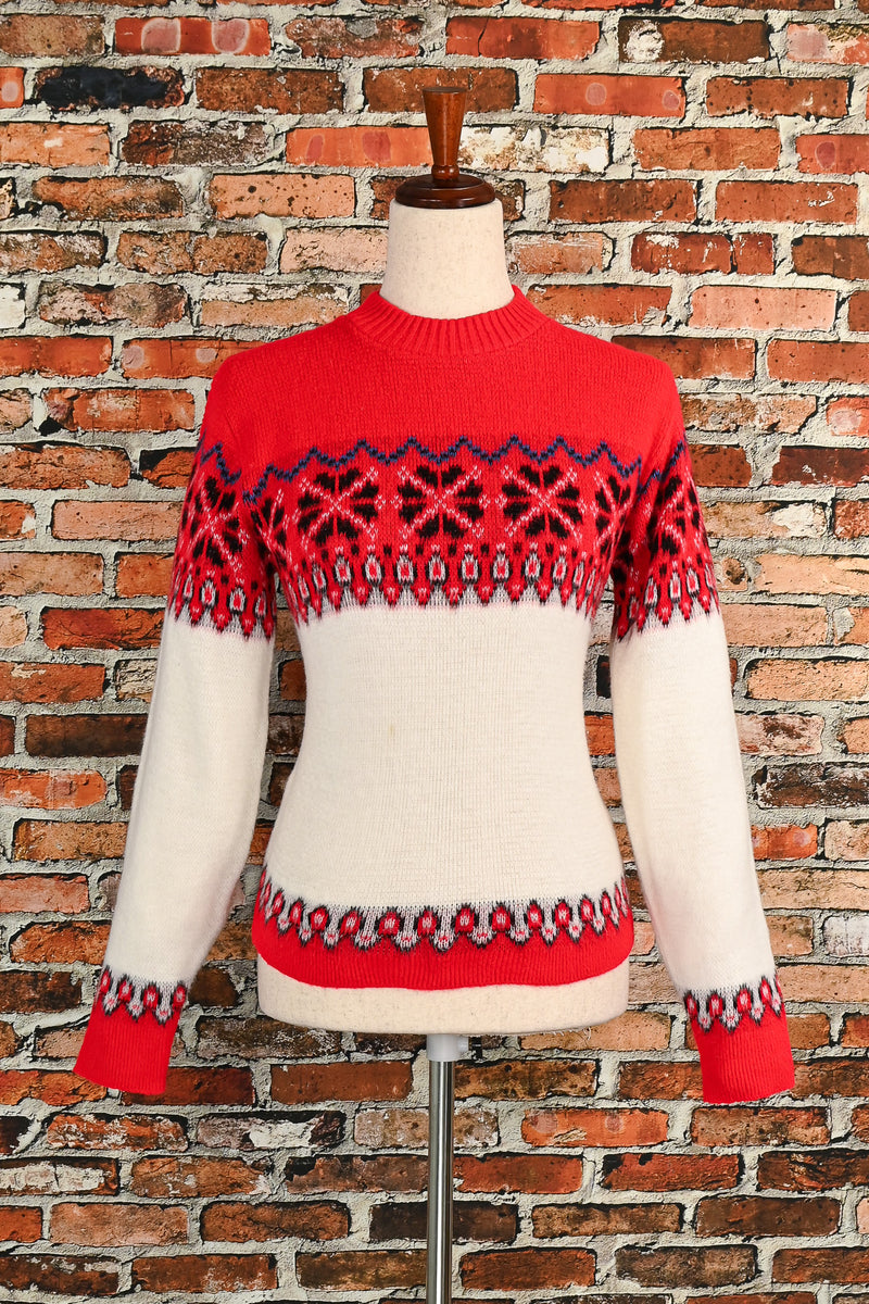 Vintage 50s Red/White LONG STAPLE YARNS "Orlon Du Pont" Ski Sweater - 18