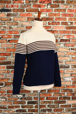 Vintage 90s Blue/White & Brown Striped WILLOW RIDGE Acrylic Pullover Sweater - Petite Large