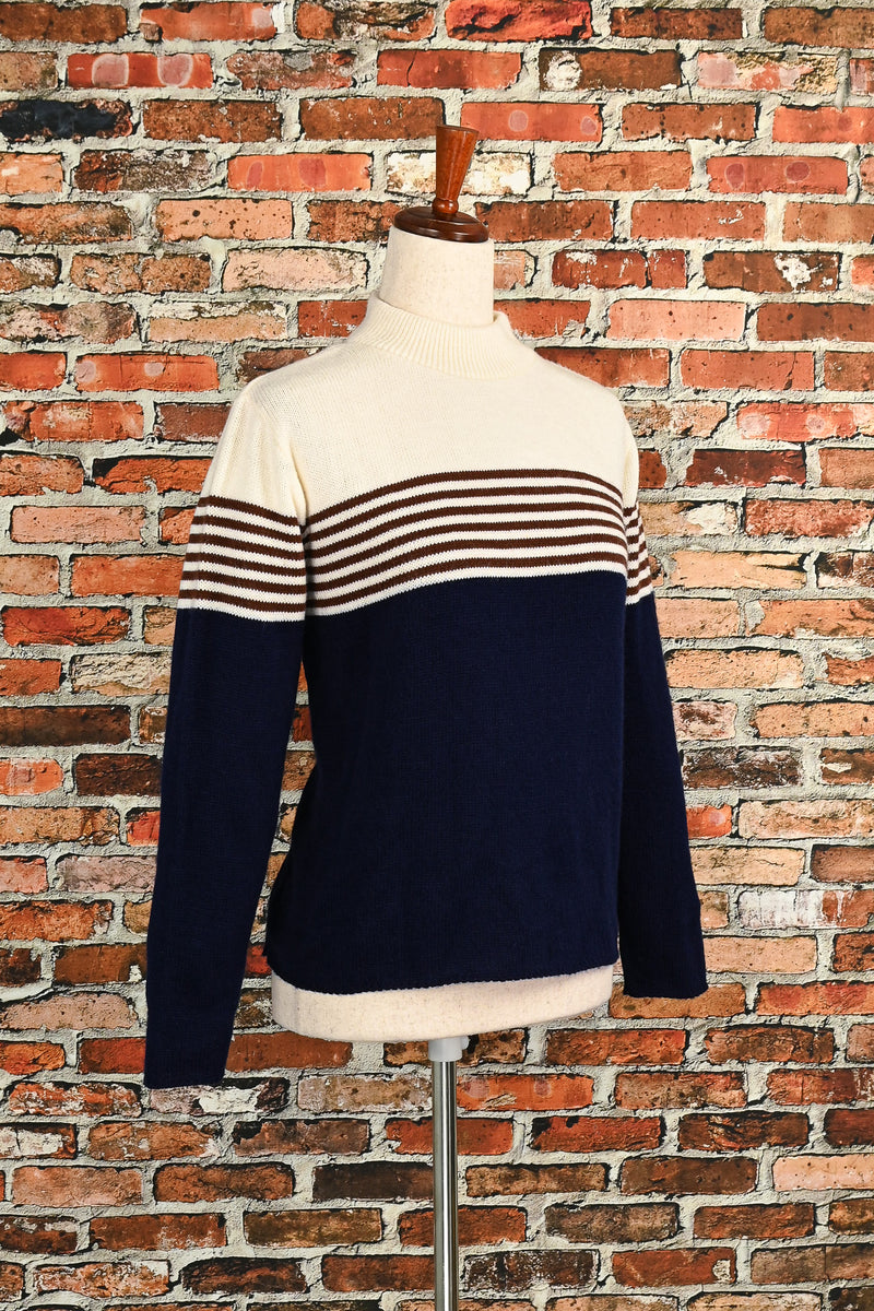 Vintage 90s Blue/White & Brown Striped WILLOW RIDGE Acrylic Pullover Sweater - Petite Large