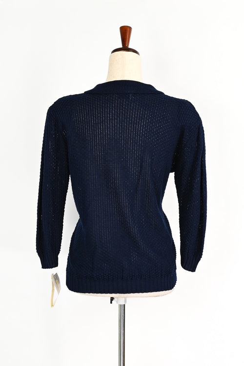 DEADSTOCK - Vintage 80s BRIGHT LIGHTS Dark Blue See-Through Polo Style Sweater - L