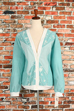 DEADSTOCK - Vintage 80s Turquoise G.W. Division of Graff Padded Shoulder Cardigan Sweater - XL