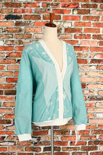 DEADSTOCK - Vintage 80s Turquoise G.W. Division of Graff Padded Shoulder Cardigan Sweater - XL