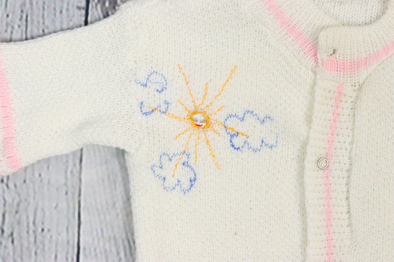 Vintage Girl's White Cardigan Sweater w/ Embroidery Detailing