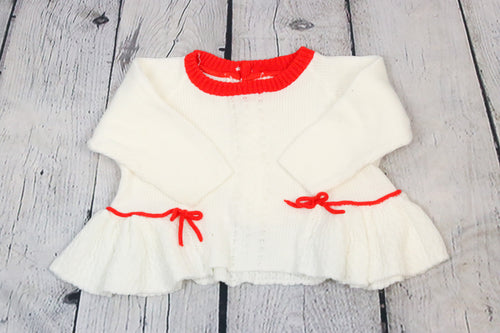 Vintage Girl's White Pullover Sweater w/ Red Rope Detailing
