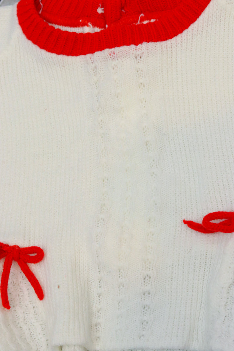 ヴィンテージ ガールズ ホワイト プルオーバー セーター 赤いロープのディテール付き