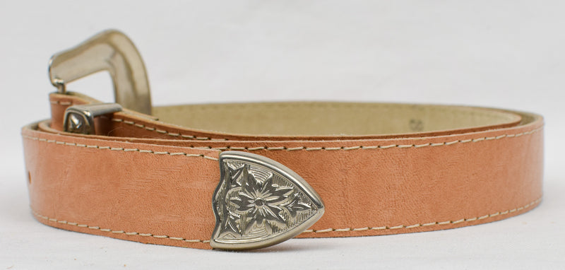 Women's Tan Leather Belt w/ Floral Metal Western Belt Buckle