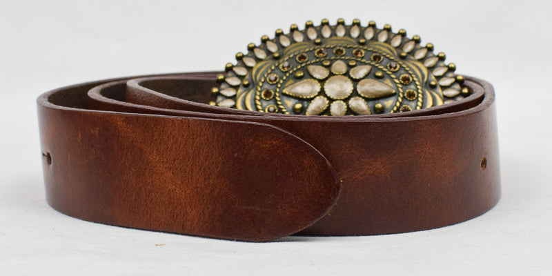 Women's Genuine Leather Brown Belt w/ Floral Rhinestone Belt Buckle - XL