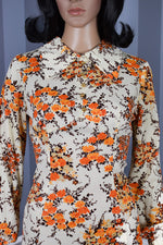 Women's Vintage 60s Int. Ladies Garment Workers Union Orange/Brown Floral Long Sleeve Mini Dress