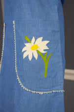 Vintage Women's Blue Tank Shift Dress w/ Daisy Embroidered Pockets - M