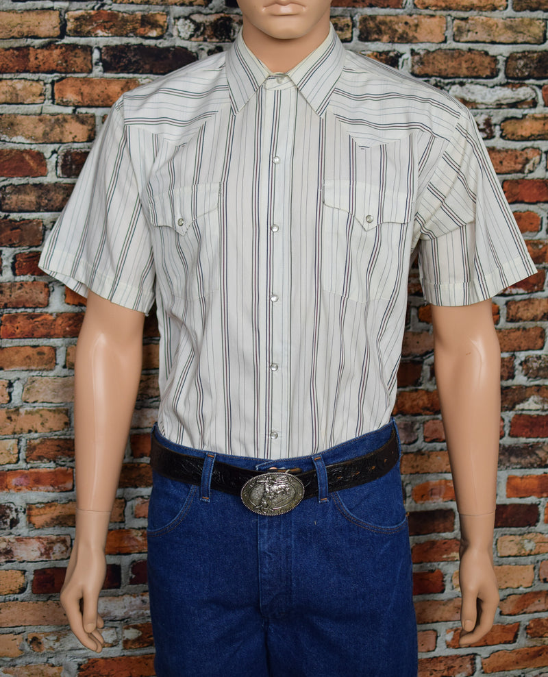 Men's Vintage Panhandle Slim White Striped Western Snap Button Shirt - 17-1/2