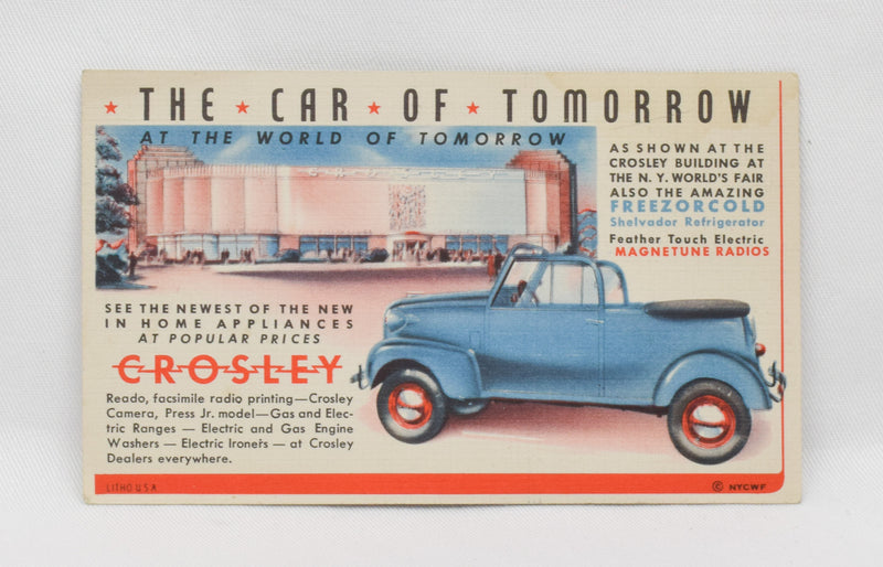 Vintage 1939 New York World's Fair The Car of Tomorrow Crosley Advertisement Postcard