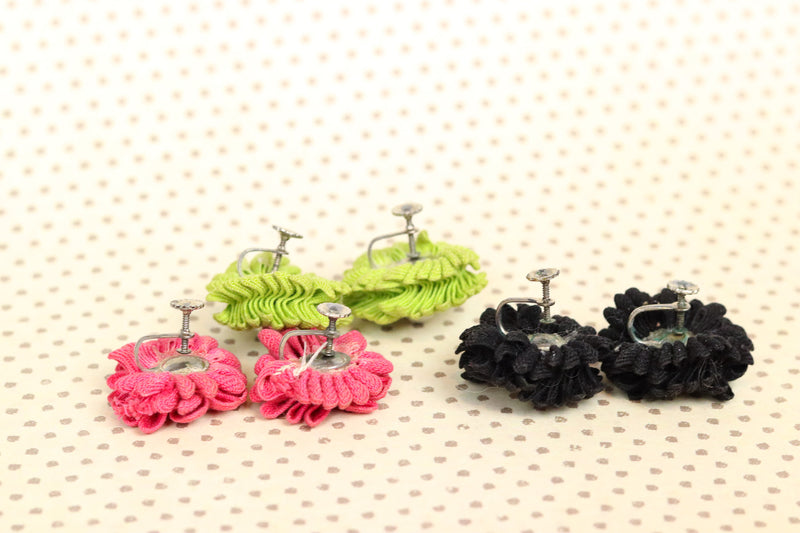 *Set of Three* Vintage Green, Pink, & Black Flower Fabric Earrings w/ Screw Back Clip Ons