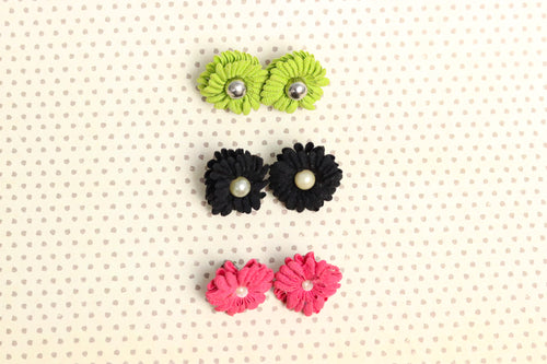 *Set of Three* Vintage Green, Pink, & Black Flower Fabric Earrings w/ Screw Back Clip Ons