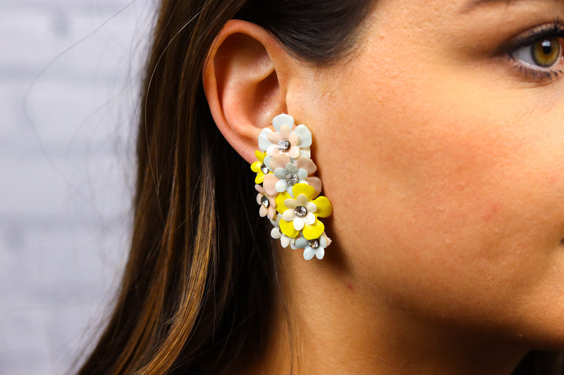 Vintage Soft Plastic Pastel Flowers w/ Rhinestone Detailing Clip on Earrings