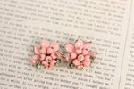 Vintage Pink & Gold Floral Clip on Earrings w/ Gold Leaf and Rhinestone Detailing