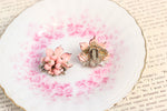 Vintage Pink & Gold Floral Clip on Earrings w/ Gold Leaf and Rhinestone Detailing
