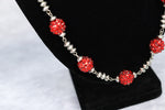 Three Strand Layered Metal Chain Necklace w/ Red Rhinestone Ball Bead Detailing