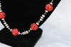 Three Strand Layered Metal Chain Necklace w/ Red Rhinestone Ball Bead Detailing
