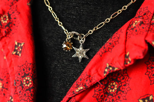Star and Amber Glass Rhinestone Pendant Necklace