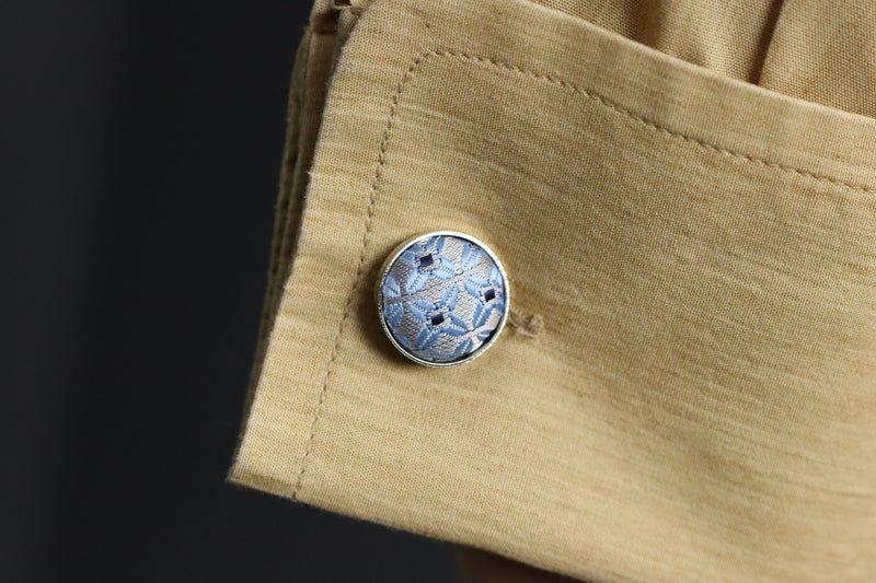 Vintage Blue & Grey Floral Fabric Bullet Back Cufflinks