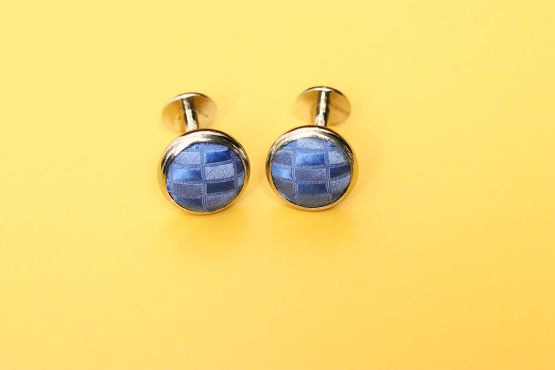 Vintage Blue & Gray Checkered Fabric Fixed Back Cufflinks
